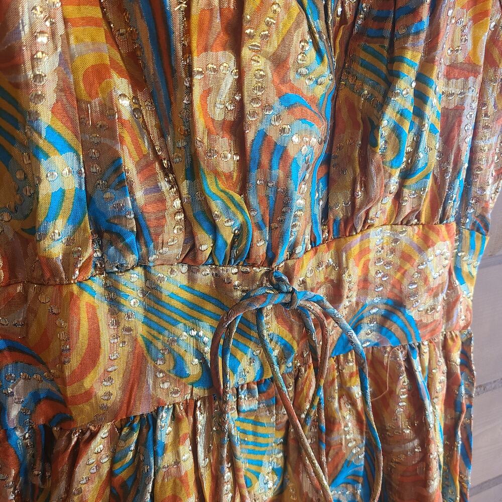 Vintage 70's Handmade Dress Peasant Metallic Psychedelic Empire Puff Sleeve Boho - Picture 2 of 7